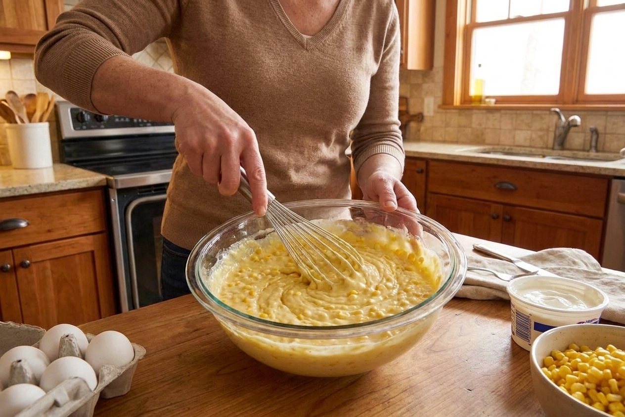 A glass mixing bowl with corn souffle casserole batter being whisked, showing corn kernels and a creamy yellow mixture on a kitchen counter