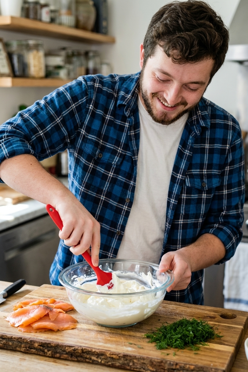 A glass mixing bowl with cream cheese and sour cream being stirred with a silicone spatula, smoked salmon and chopped dill set nearby on a cutting board, food photography