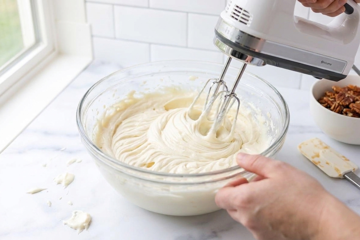 A glass mixing bowl with cream cheese frosting being whipped with a hand mixer on a kitchen counter, showing thick swirls forming