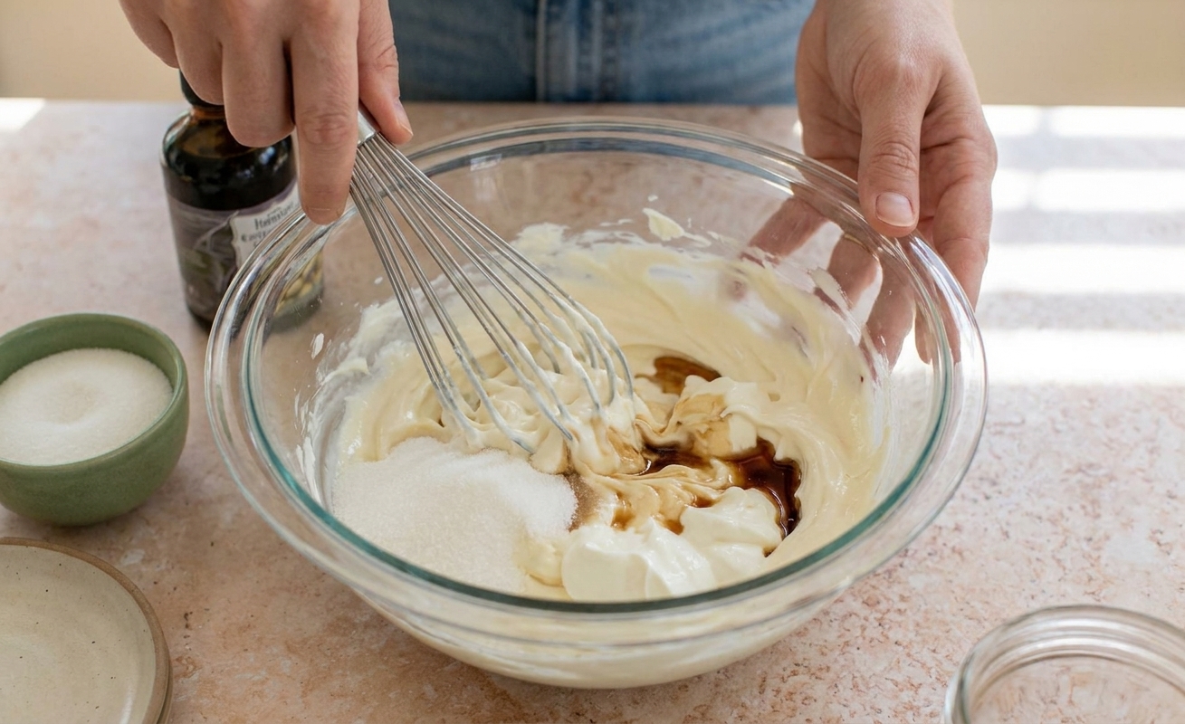 A glass mixing bowl with cream cheese, sour cream, sugar, and vanilla being whisked into a smooth dressing on a kitchen counter