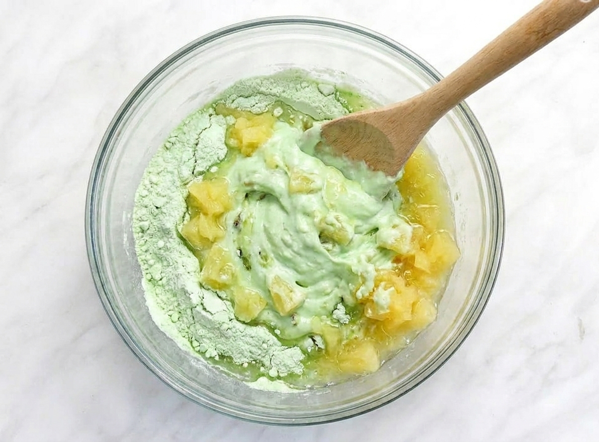 A glass mixing bowl with crushed pineapple and pistachio pudding mix being stirred together with a spoon on a kitchen counter