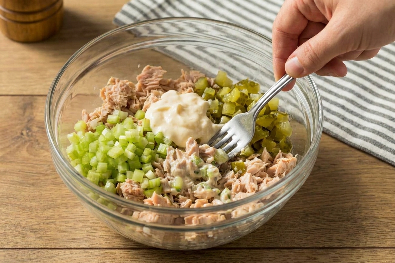 A glass mixing bowl with drained tuna, diced celery, pickles, and mayo being stirred with a fork on a kitchen counter