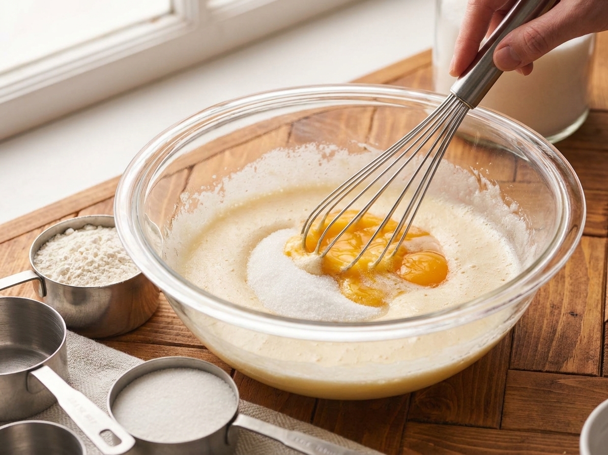 A glass mixing bowl with eggs and sugar being whisked until pale on a wooden countertop, with measuring cups nearby in soft natural light