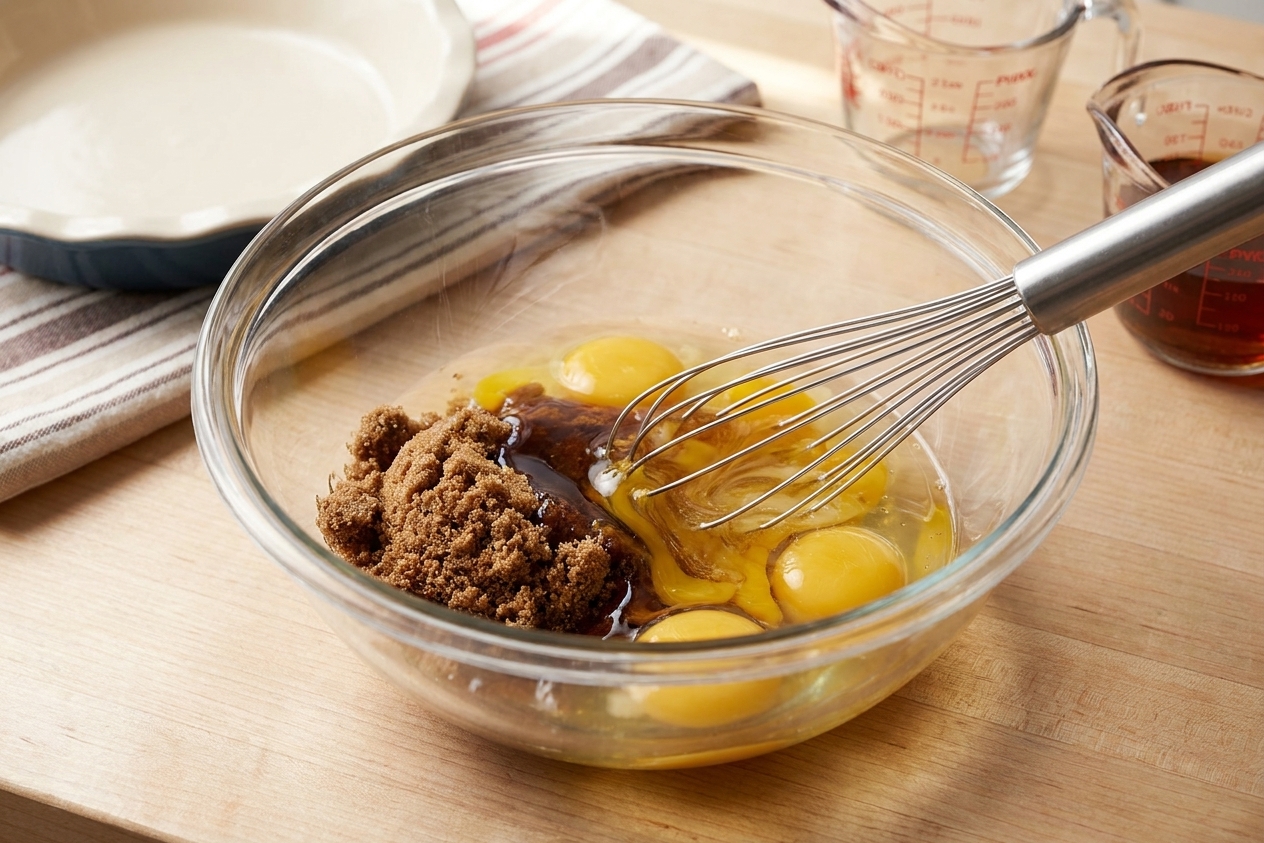 A glass mixing bowl with eggs, brown sugar, and corn syrup being whisked together on a kitchen counter