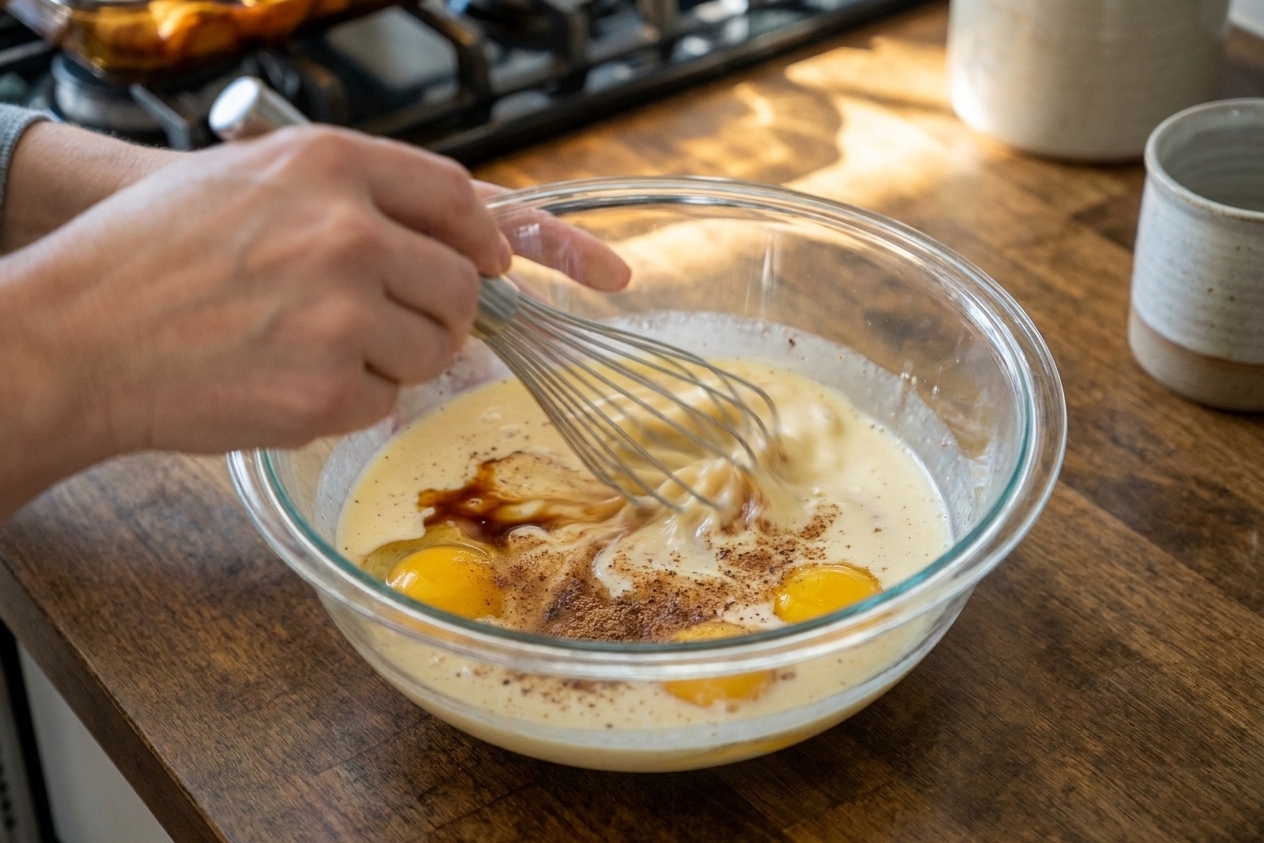 A glass mixing bowl with eggs, eggnog, vanilla, and spices being whisked together on a kitchen counter