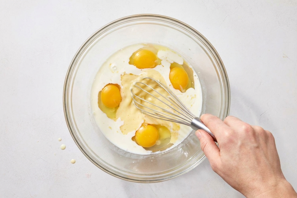 A glass mixing bowl with eggs, milk, and cream being whisked together on a light kitchen counter