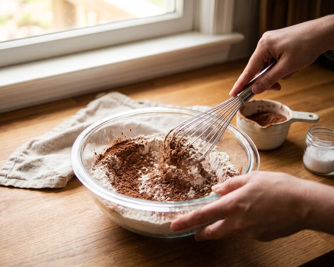 A glass mixing bowl with flour and cocoa powder being whisked together on a bright kitchen counter