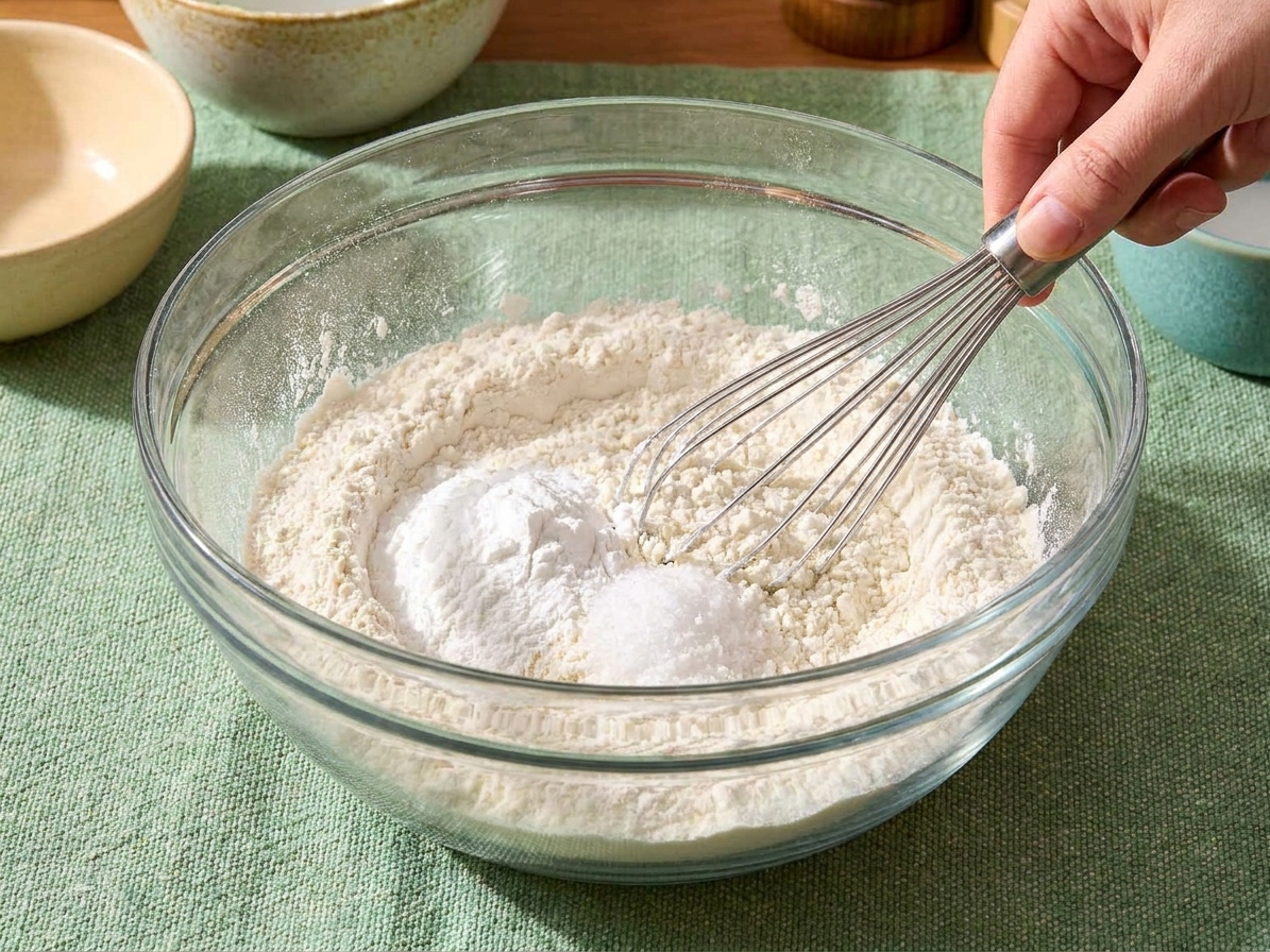 A glass mixing bowl with flour, baking powder, and salt being whisked together on a kitchen counter