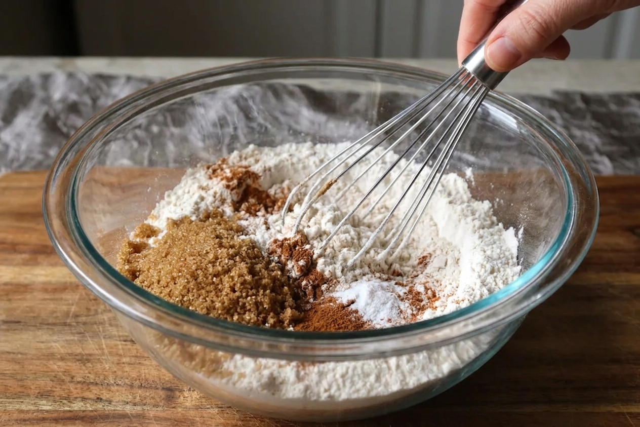 A glass mixing bowl with flour, brown sugar, cinnamon, and baking soda being whisked together on a kitchen counter