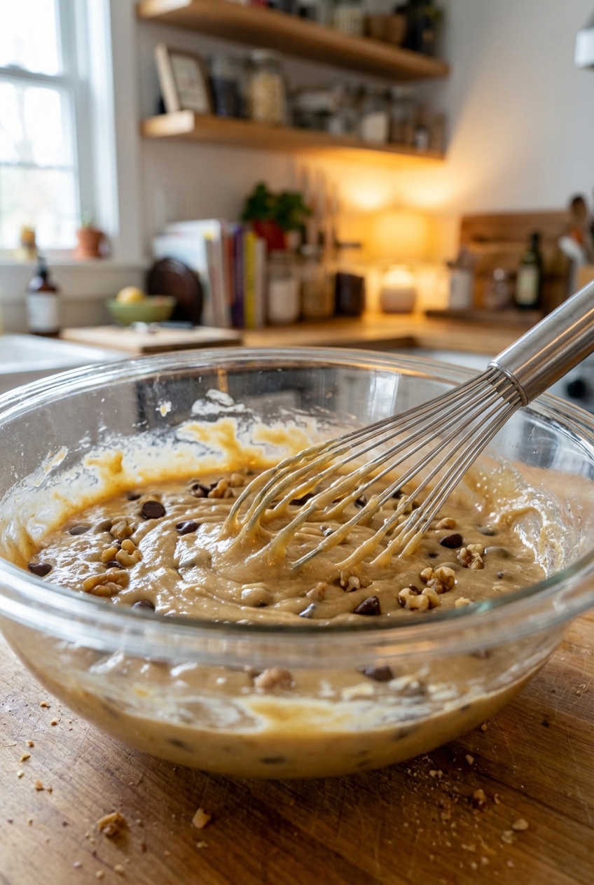 A glass mixing bowl with glossy blondie batter and a whisk resting inside on a kitchen counter