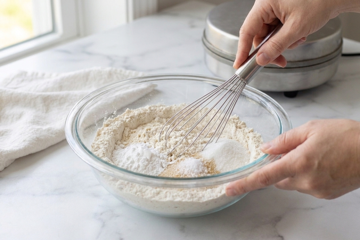 A glass mixing bowl with gluten-free flour blend, baking powder, sugar, and salt being whisked together on a kitchen counter