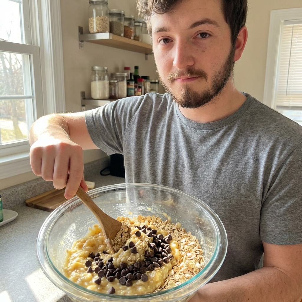A glass mixing bowl with mashed bananas and rolled oats being stirred with a wooden spoon, chocolate chips scattered on top, natural window light