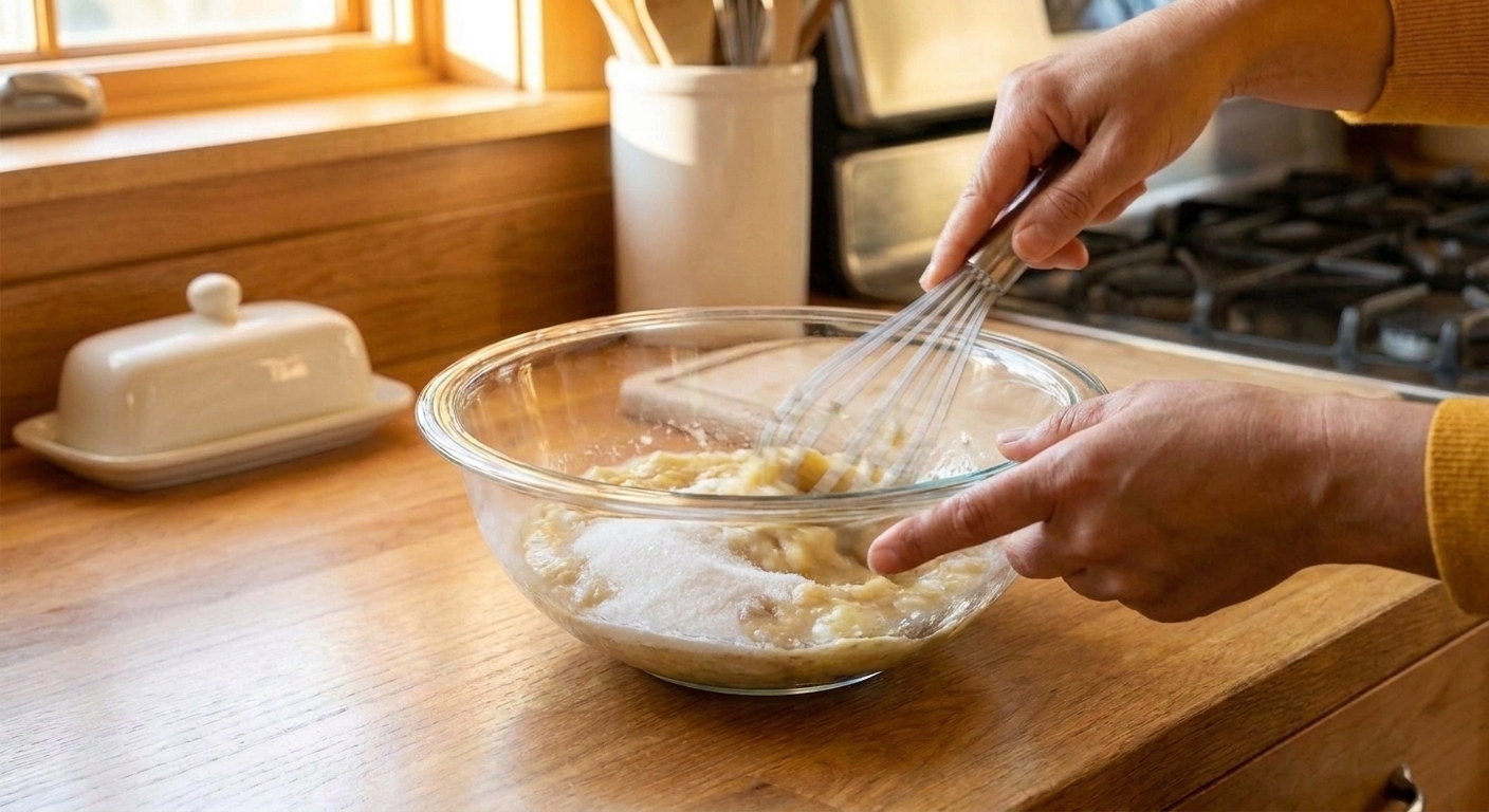 A glass mixing bowl with mashed bananas and sugar being whisked together on a kitchen counter