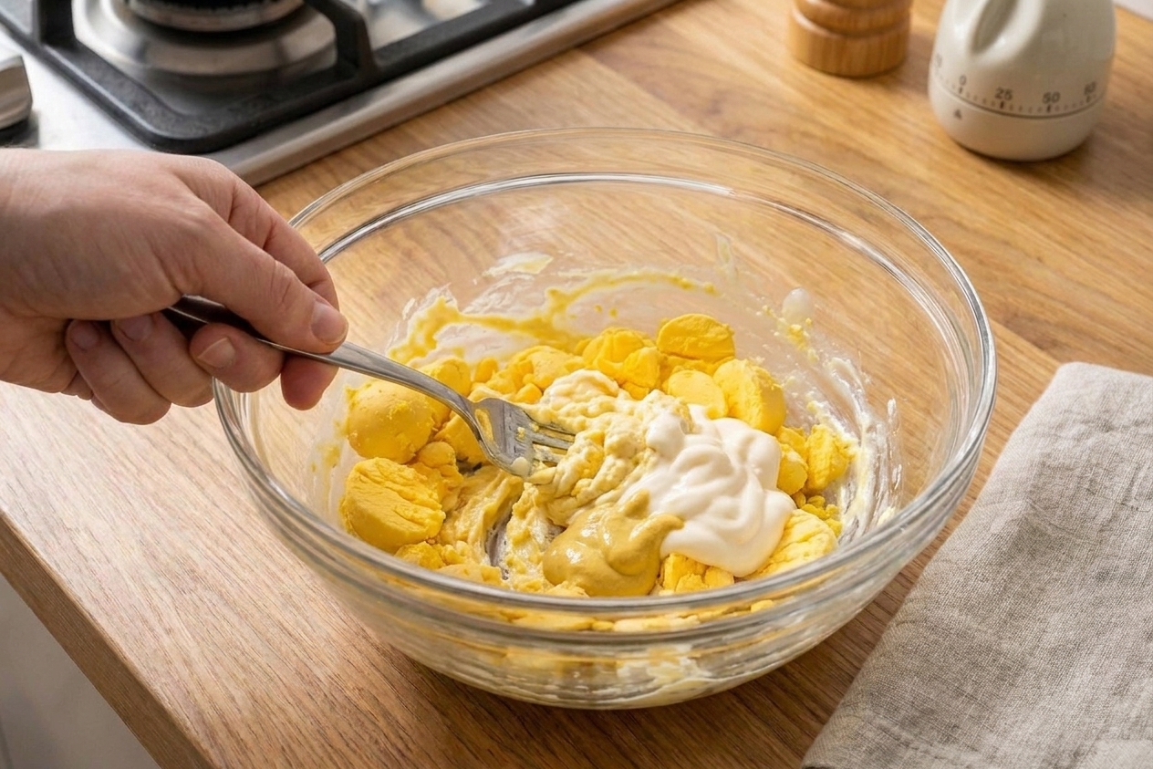 A glass mixing bowl with mashed egg yolks being stirred with mayonnaise and mustard using a fork
