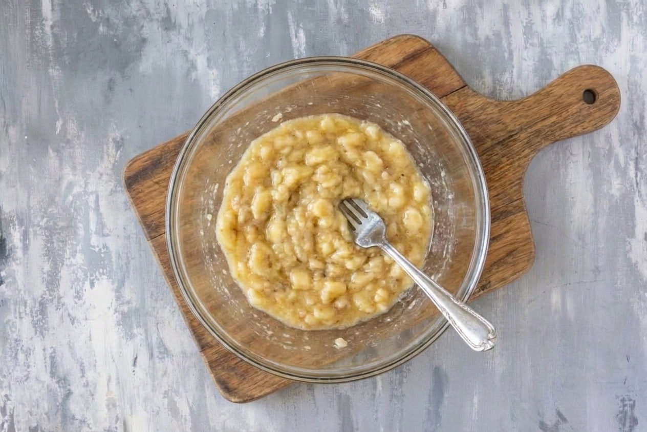 A glass mixing bowl with mashed ripe bananas and a fork resting inside on a wooden countertop