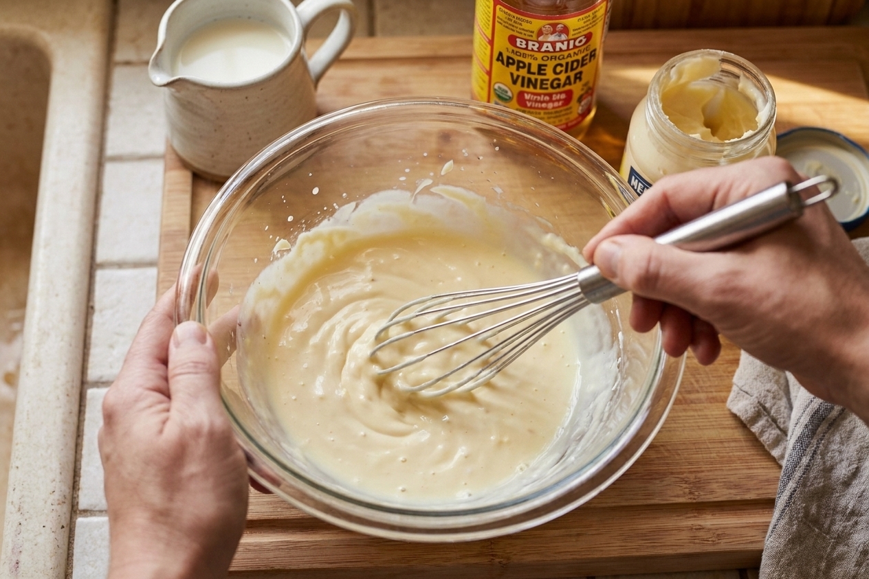 A glass mixing bowl with mayonnaise, milk, and vinegar being whisked into a smooth dressing on a kitchen counter