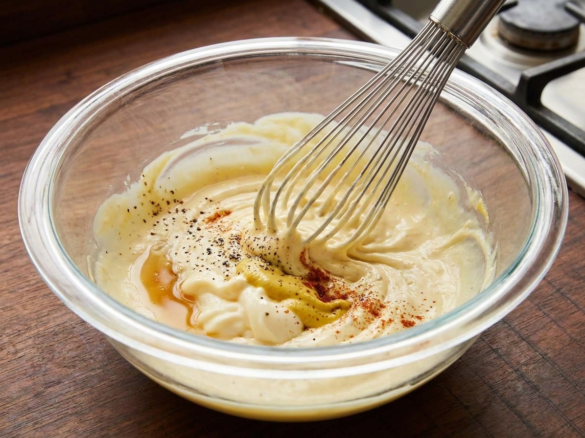 A glass mixing bowl with mayonnaise, mustard, vinegar, and seasonings being whisked into a creamy dressing on a kitchen counter