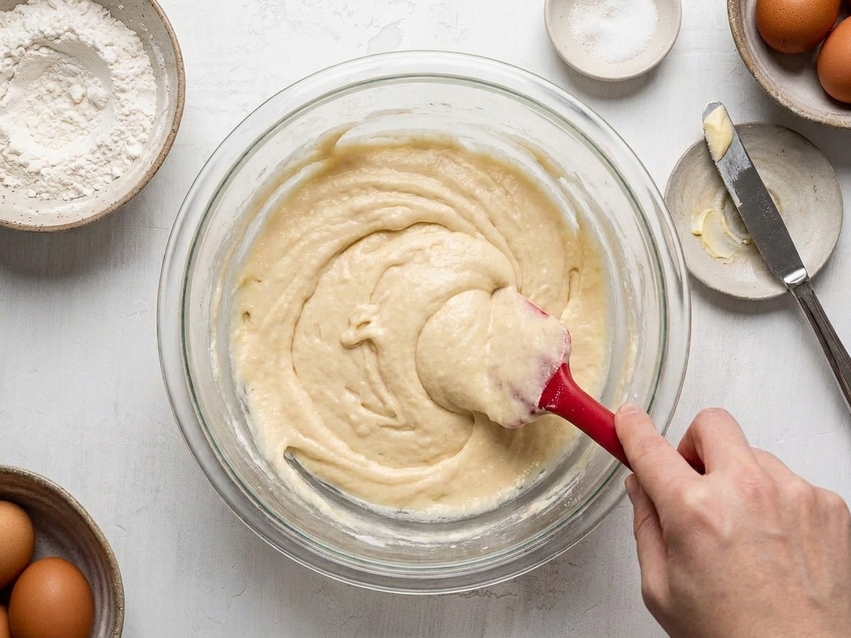 A glass mixing bowl with pale butter cake batter being stirred with a rubber spatula on a kitchen counter