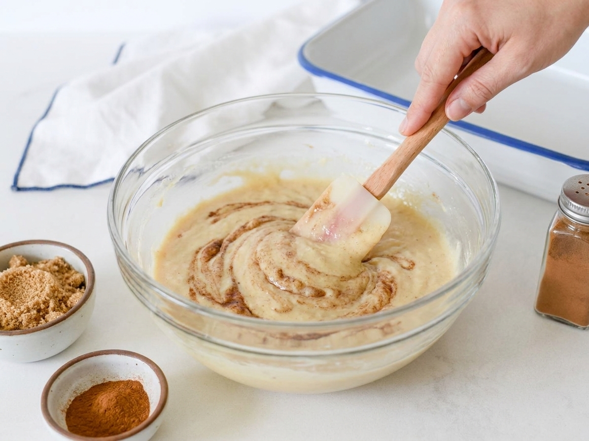 A glass mixing bowl with pale coffee cake batter being stirred with a spatula on a kitchen counter, with cinnamon and brown sugar nearby