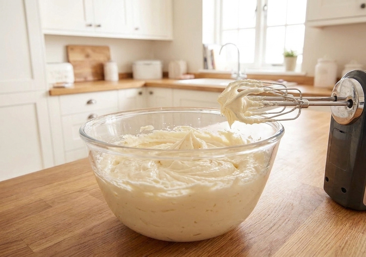 A glass mixing bowl with pale, fluffy cake batter and a hand mixer resting nearby on a clean kitchen counter