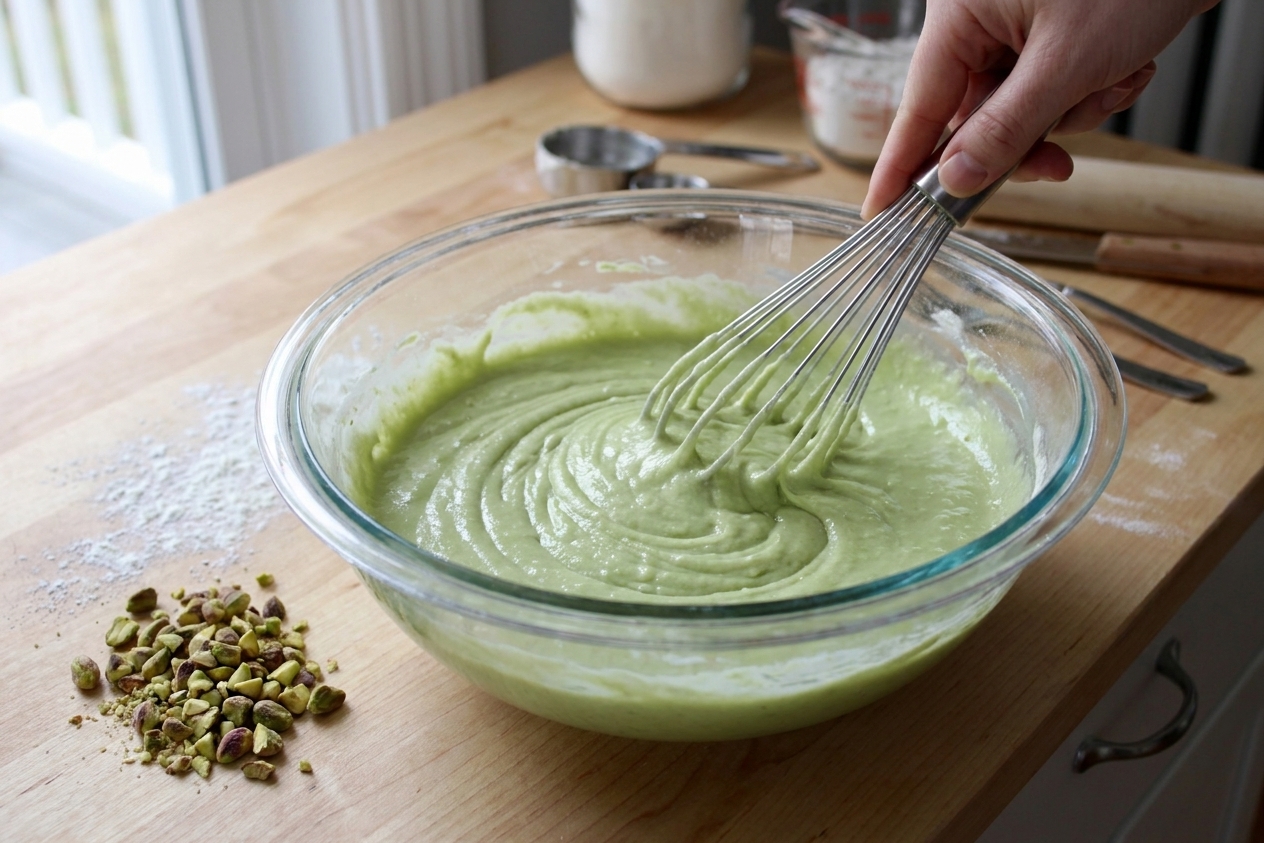 A glass mixing bowl with pale green pistachio cake batter being whisked on a light kitchen counter, with a few pistachio pieces nearby