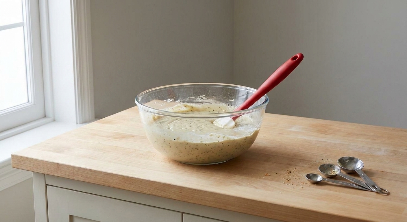 A glass mixing bowl with pale tea cake batter and a rubber spatula resting on the side on a clean kitchen counter