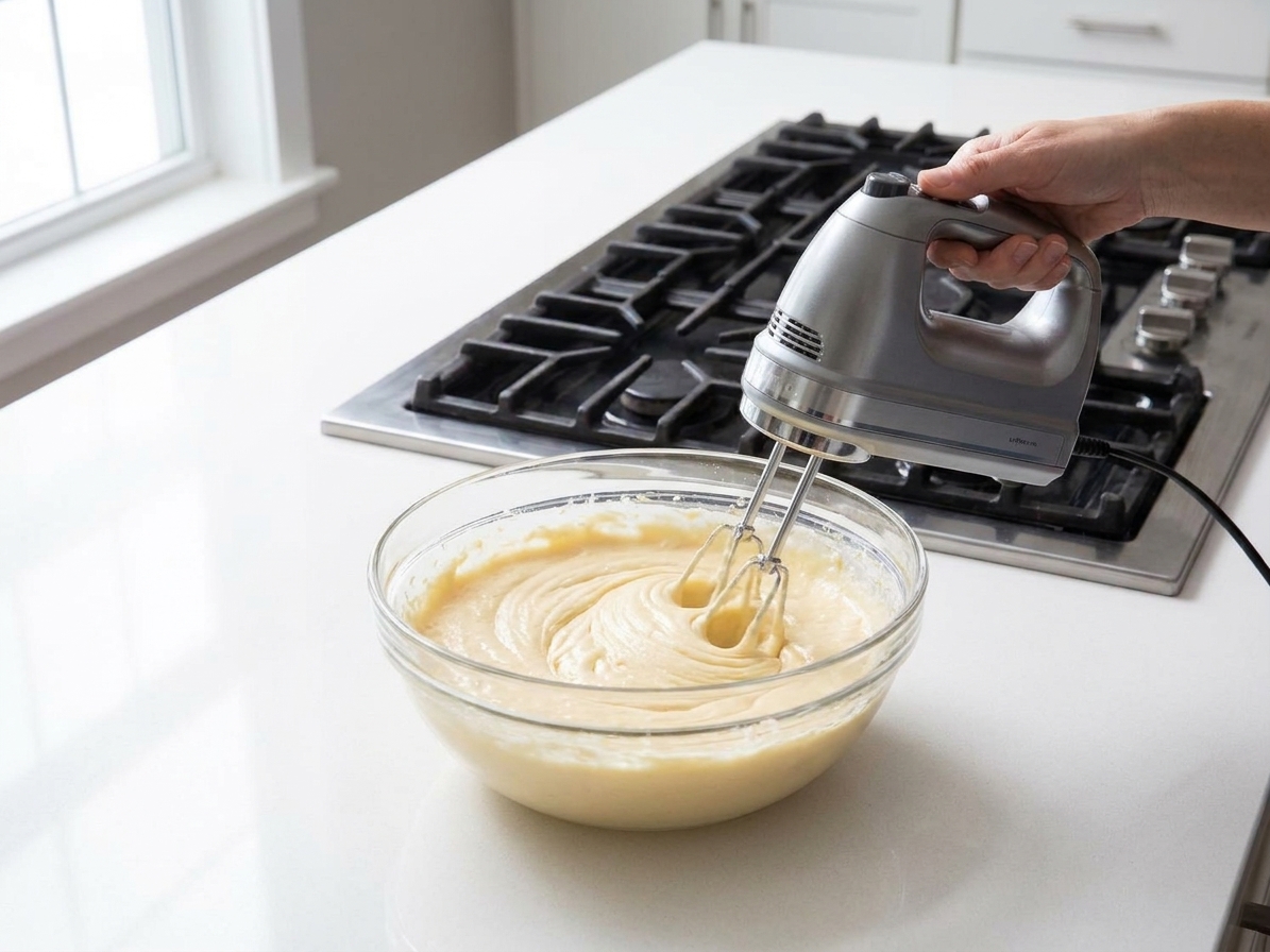 A glass mixing bowl with pale vanilla cake batter being mixed with a hand mixer on a stone-colored kitchen counter