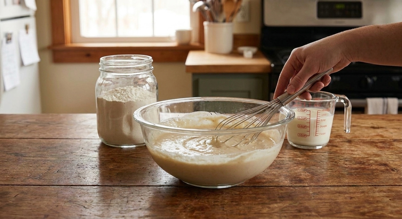 A glass mixing bowl with pancake batter being gently whisked, with flour and buttermilk visible on a tidy kitchen counter