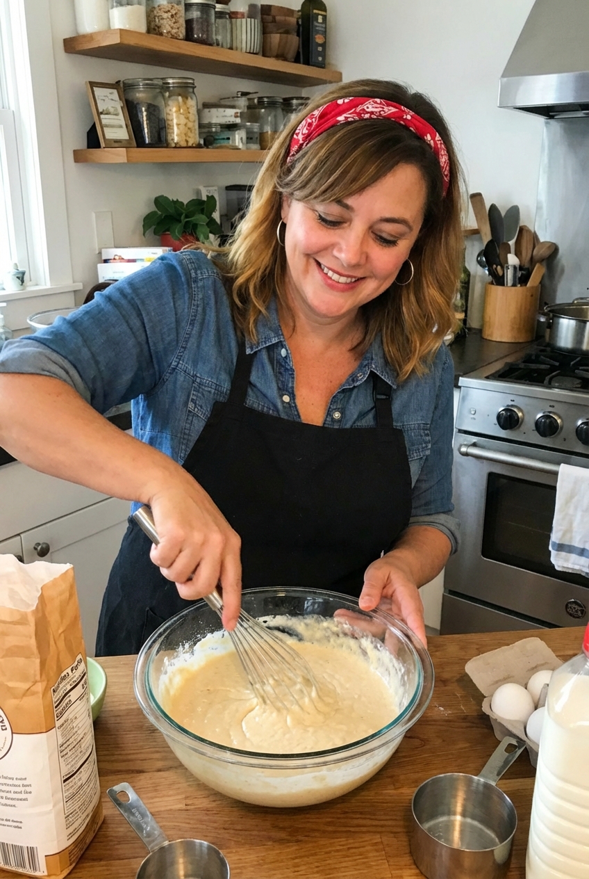 A glass mixing bowl with pancake batter being stirred with a whisk on a kitchen counter