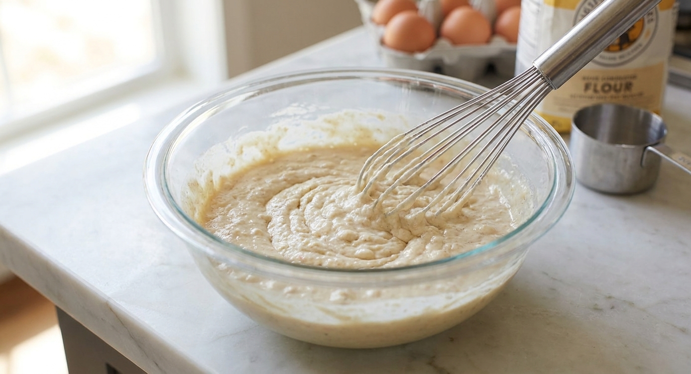 A glass mixing bowl with pancake batter being whisked until just combined on a kitchen counter