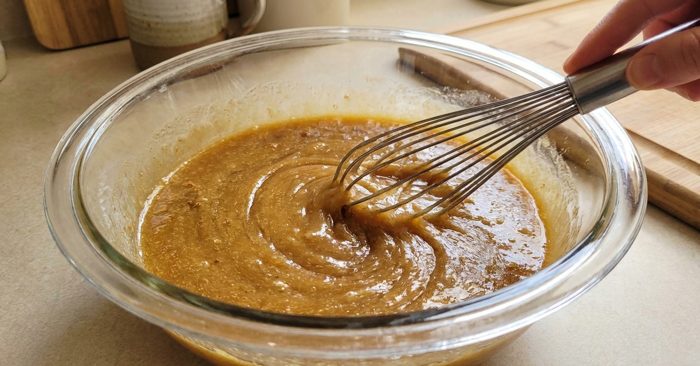 A glass mixing bowl with pecan pie filling being whisked until smooth on a kitchen counter