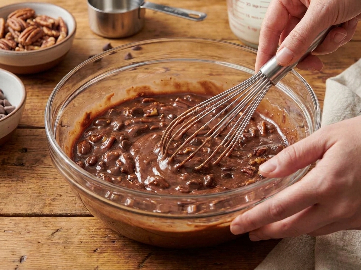 A glass mixing bowl with pecan pie filling being whisked until smooth on a wooden kitchen counter