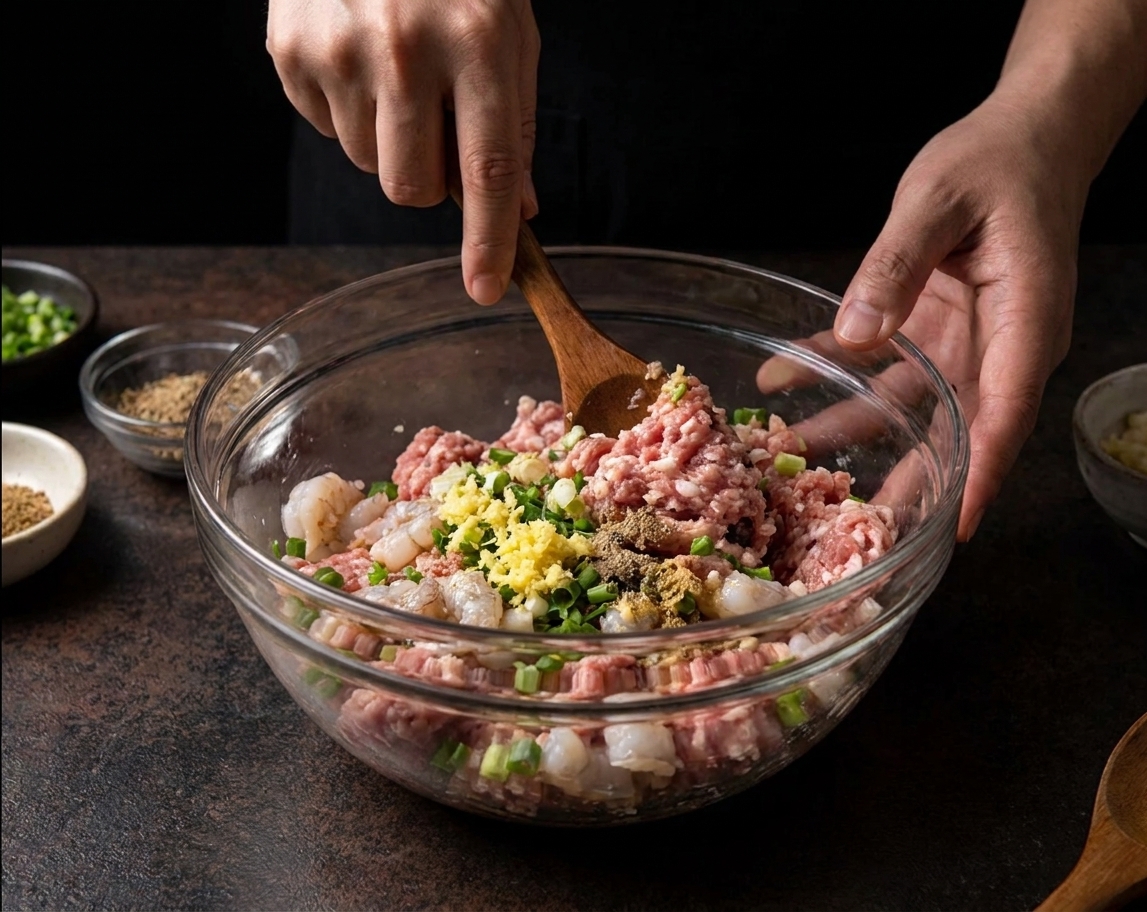 A glass mixing bowl with pork and chopped shrimp being mixed with scallions and seasonings using a wooden spoon on a kitchen counter