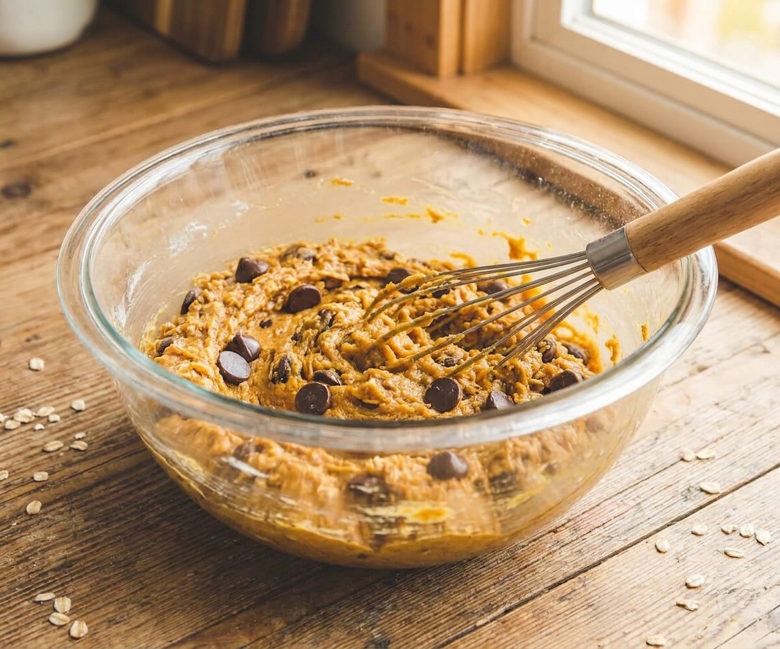 A glass mixing bowl with pumpkin cookie dough and a whisk on a clean kitchen counter