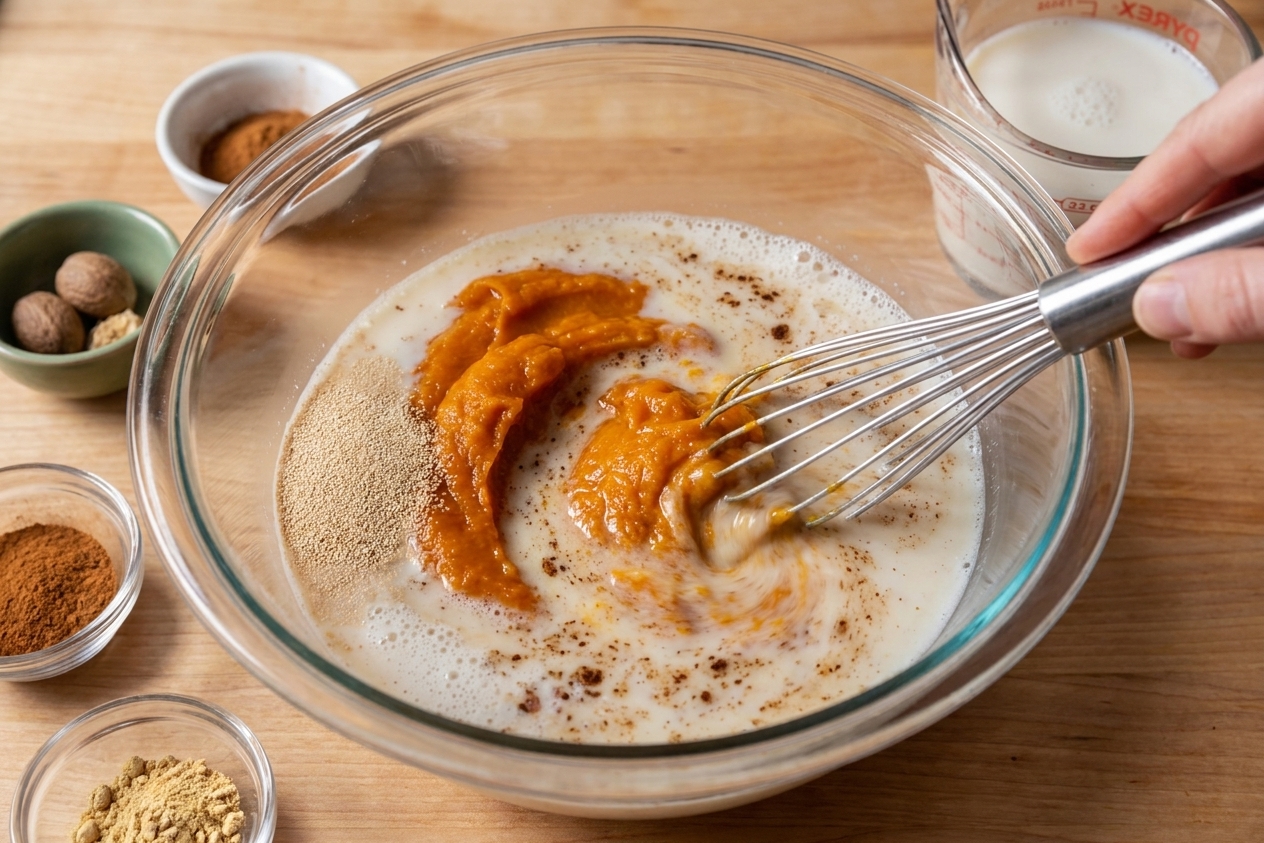 A glass mixing bowl with pumpkin puree, warm milk, yeast, and spices being whisked together on a kitchen counter