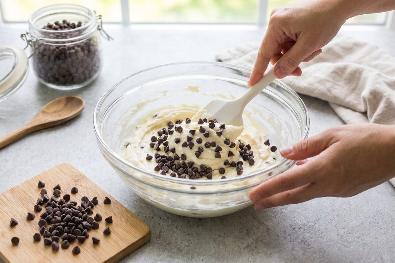 A glass mixing bowl with ricotta mascarpone cannoli filling being folded with a spatula, mini chocolate chips nearby on a wooden cutting board