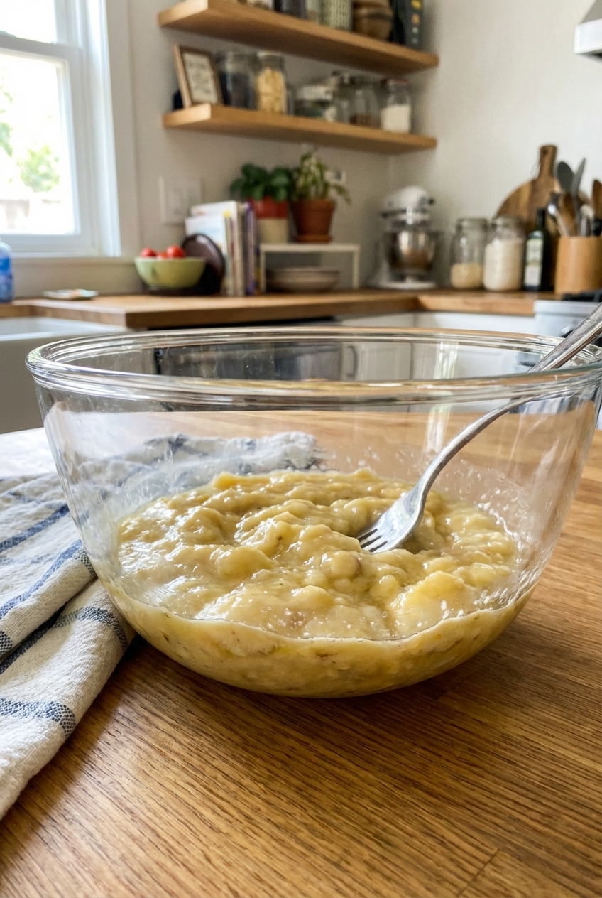 A glass mixing bowl with ripe mashed bananas and a fork on a kitchen counter