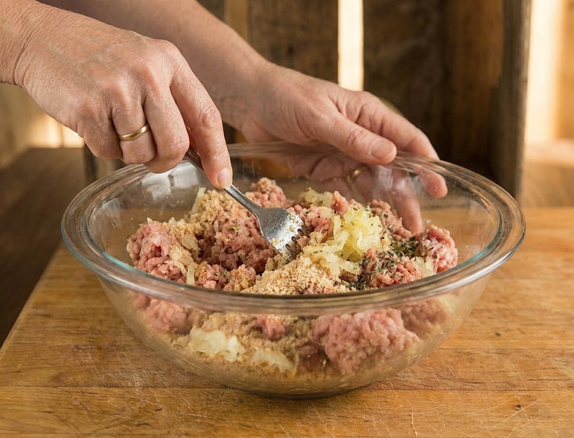 A glass mixing bowl with seasoned ground turkey being gently mixed with a fork, on a clean kitchen counter