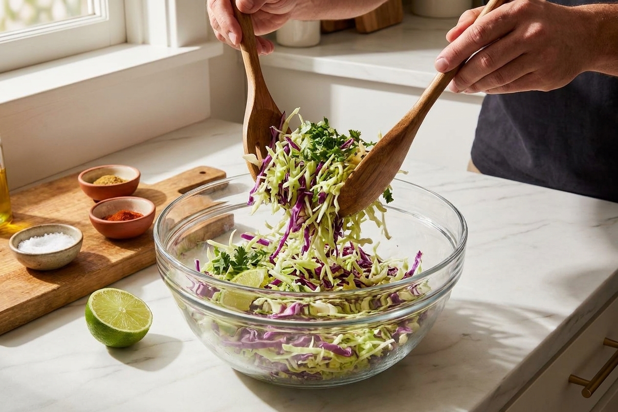 A glass mixing bowl with shredded green and red cabbage being tossed with lime juice and cilantro on a kitchen counter