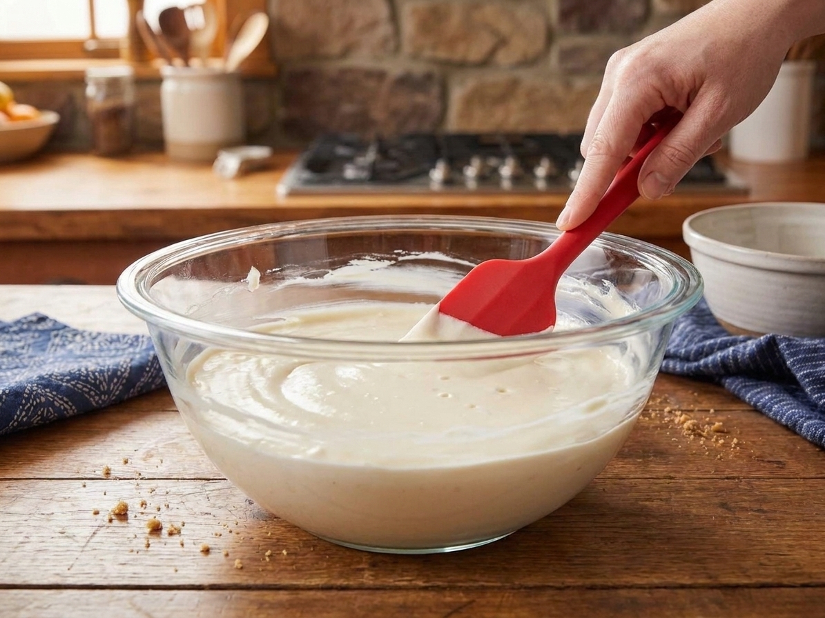 A glass mixing bowl with smooth cheesecake batter being scraped with a rubber spatula, shown on a bright kitchen counter