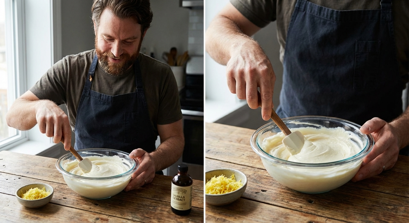 A glass mixing bowl with smooth cream cheese filling and a spatula, next to vanilla and lemon zest on a wooden counter, close-up food photo