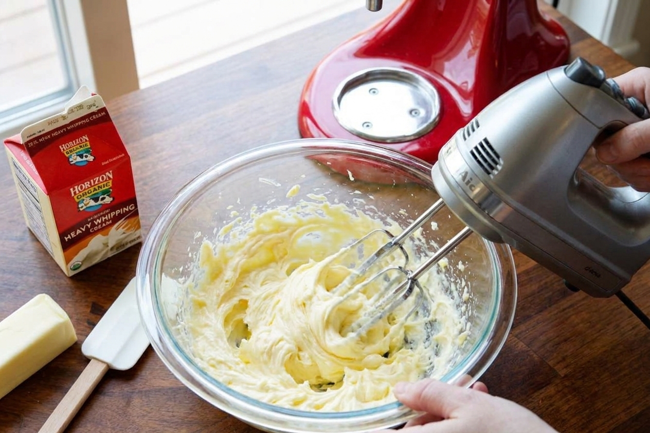 A glass mixing bowl with softened butter being whipped with a hand mixer on a tidy kitchen counter