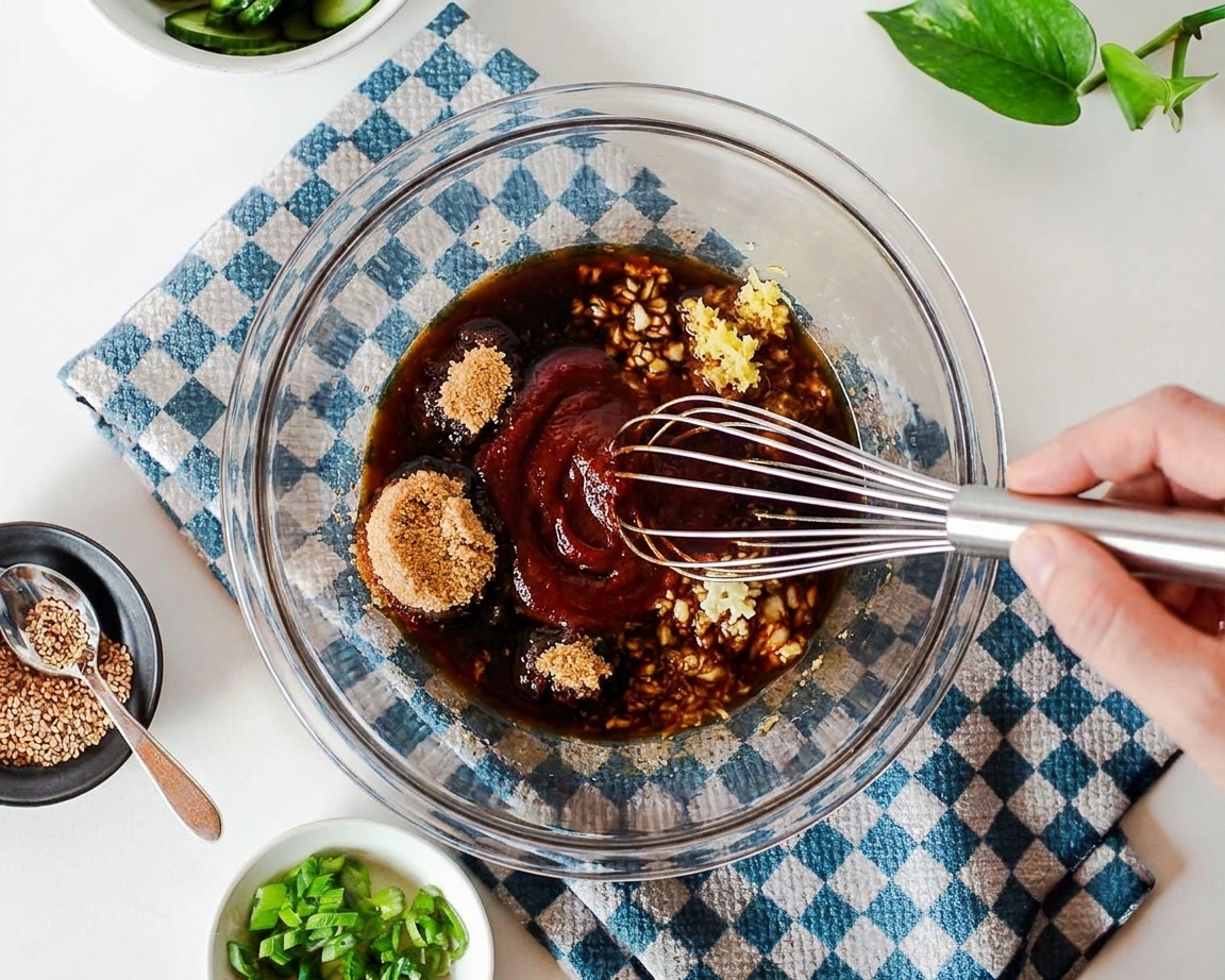 A glass mixing bowl with soy sauce, gochujang, brown sugar, garlic, and ginger being whisked together on a kitchen counter