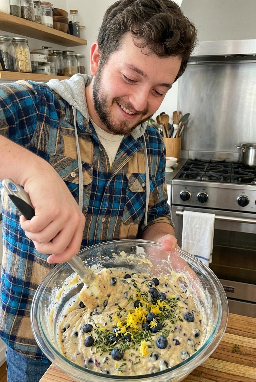 A glass mixing bowl with thick blueberry muffin batter being folded with a spatula, with chopped fresh herbs and lemon zest visible