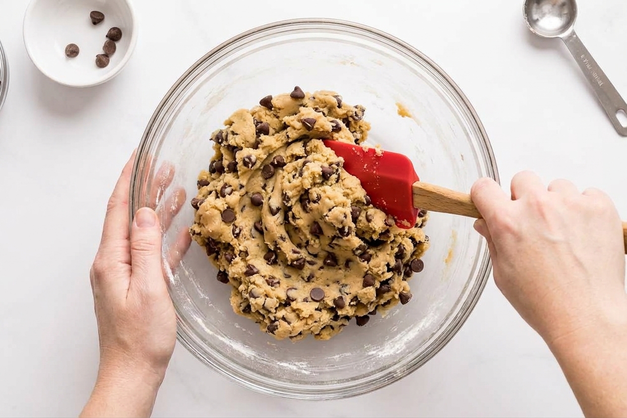 A glass mixing bowl with thick chocolate chip cookie dough being stirred with a rubber spatula on a kitchen counter