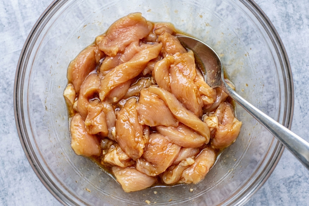 A glass mixing bowl with thinly sliced chicken coated in cornstarch and soy sauce, a spoon resting inside, on a kitchen counter
