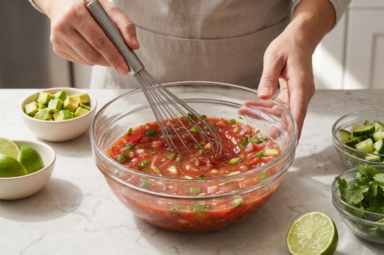 A glass mixing bowl with tomato-lime cocktail sauce being whisked for Mexican shrimp cocktail on a bright kitchen counter