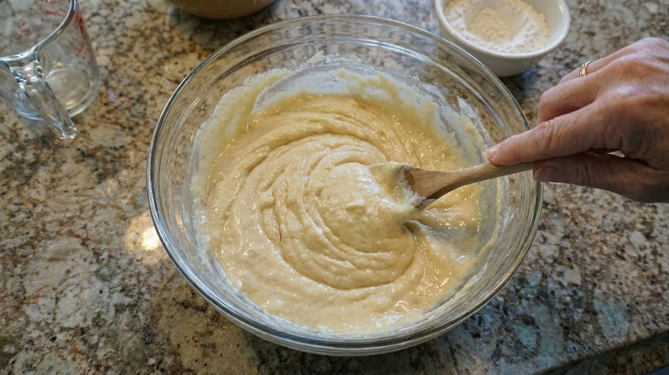 A glass mixing bowl with vanilla muffin batter being mixed on a kitchen counter