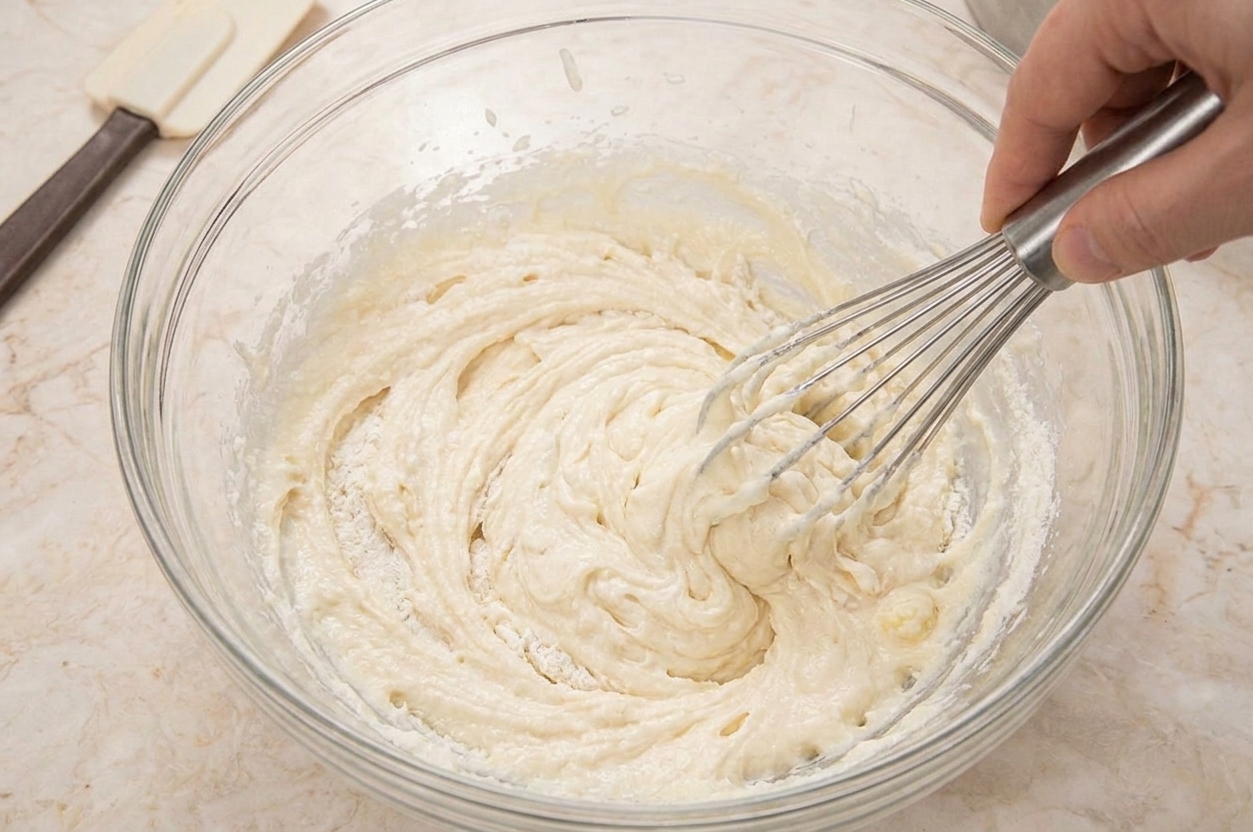 A glass mixing bowl with vegan vanilla cake batter being whisked until just combined on a bright kitchen counter