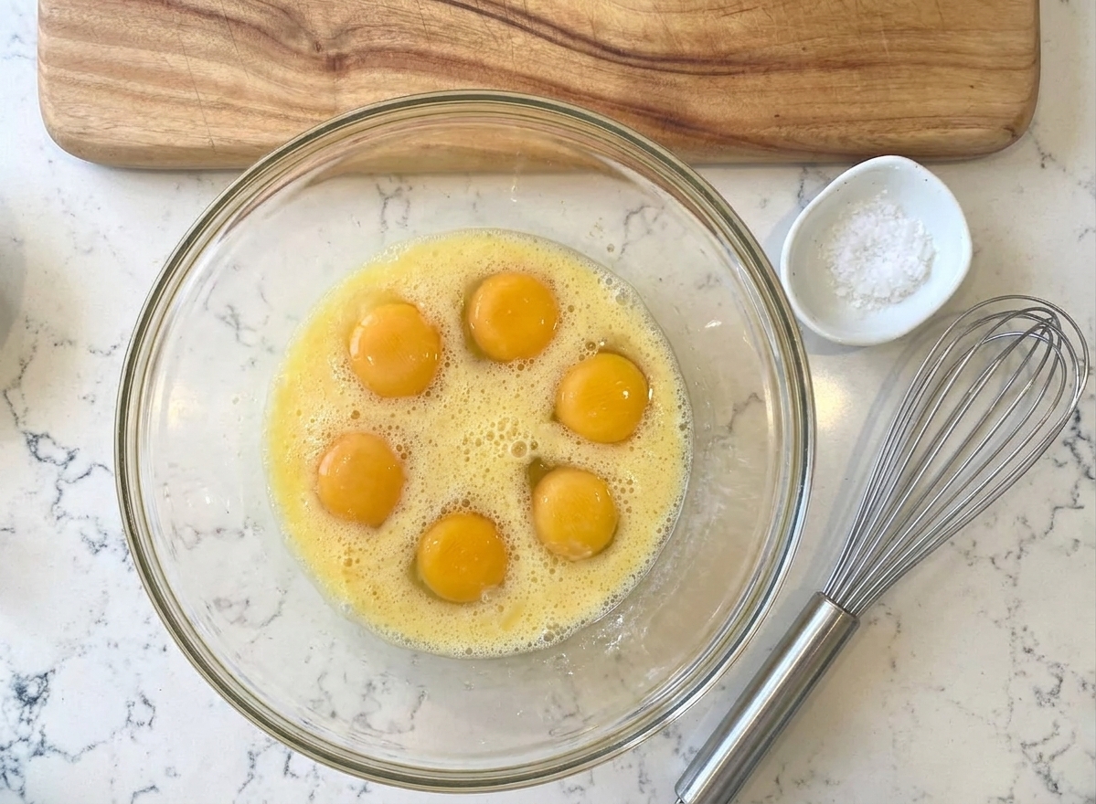 A glass mixing bowl with whisked eggs on a kitchen counter next to a whisk and a pinch bowl of salt